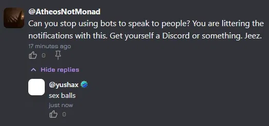 Can you stop using bots to speak to people? You are littering the notifications with this. Get yourself a Discord or something. Jeez.